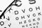 Eye glasses on eyesight test chart ortometric table background. Ophthalmologist medical background