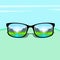 Eye Glasses With Mountain Water River Landscape Forest Green Park Blue Sky Vacation Rest Dream Concept