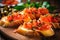 eye-level view of small slices of bruschetta with capers