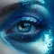 Eye makeup. Beautiful shiny eye makeup. Macro and creative close up makeup theme: beautiful female eyes with blue skin