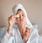 Eye mask, happy and portrait of a woman with cucumber for wellness, face care and skincare at home. Playful, home spa