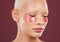 Eye patches, beauty and skincare of black woman with cosmetics and dermatology treatment. Relax, spa and young model in