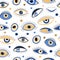 Eye pattern. Abstract evil eyes fabric print. Mystic eyelid with eyelash, energy talisman background. Mystical look