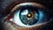 Eye pupil of a robot, cybernetic eye. Futuristic eye of a robot. AI. Human android cyborg eye futuristic control