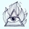 An eye with pyramid in fire on background. Alchemy masonic symbol.