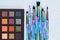 Eye shadow brushes, cosmetics on plain background