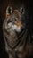 Eye to eye portrait with grey wolf female on black background. Beautiful and dangerous beast of the forest.