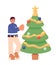 Eyeglasses asian man decorating Christmas tree 2D cartoon character
