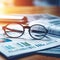 eyeglasses ,calculator and financial bills with a fountain pen on the table.