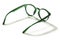 Eyeglasses in green bright color in transparent plastic. Eyewear rear view with shadow. Trendy glasses isolated on white