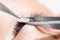 Eyelash extension procedure. Master tweezers fake long lashes beautiful female eyes