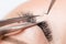 Eyelash extension procedure. Master tweezers sets fake lashes on beautiful woman