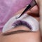 Eyelash Extension Treatment with tweezers. Woman Eyes with long purple extended lashes