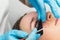 Eyelash lamination procedure. Staining, curling, laminating, lash lift. Eyelash Extension
