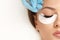 Eyelashes extensions. Fake eyelashes. Eyelash extension procedure.Close up portrait of woman eye with long eyelashes