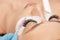 Eyelashes extensions. Fake eyelashes. Eyelash extension procedure.Close up portrait of woman eye with long eyelashes