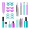 Eyelashes lamination vector illustration. Lashes tools set for cosmetic procedures laminating, extension, staining and