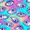 Eyes, seamless pattern over colorful dotted retro 80s, 90s abstract background. Vintage psychedelic textile, fabric