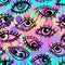 Eyes, seamless pattern over colorful dotted retro 80s, 90s abstract background. Vintage psychedelic textile, fabric