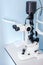 Eyes vision test medical device at ophtalmic clinic. Optometrist office with eyesight check-up equipment. Optician professional