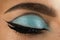 Eyeshadow applying, makeup for eyes closeup. Female model eye with fashion make up, beauty concept. Macro close eye