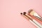 Eyeshadow makeup brushes collection professional cosmetics accessories on pink background