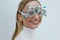 Eyesight Test. Woman In Optometrist Trial Frame At Studio