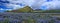 Eyjafjallajokull Landscape Panorama behind Blooming Lupines near Skogar, Southern Iceland