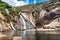 Ezaro waterfall, Galicia, Northern Spain in Spring. It empties into the Atlantic ocean in a waterfall