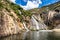 Ezaro waterfall, Galicia, Northern Spain in Spring. It empties into the Atlantic ocean in a waterfall