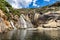Ezaro waterfall, Galicia, Northern Spain in Spring. It empties into the Atlantic ocean in a waterfall