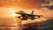 F-16 air force fighter flying over the ocean, beautiful sunset over horizon on the background. Jet military aircraft