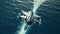 F-16 air force fighter flying over the sea at super low altitude. Jet military aircraft launching missiles, makes a