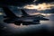 F-16 Falcon multirole fighter aircrafts maneuvering in the sky during stormy weather