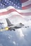 F-16 Fighting Falcon jets models fly through clouds with American flag