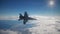 F-18 fighter jet flying above the clouds, armed with missiles. Computer animation