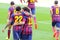 F.C. Barcelona footballers celebrate a goal against Getafe Club de Futbol at the Camp Nou Stadium on the Spanish League