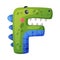 F consonant letter dino font. Dinosaur alphabet, cute dino effect letter sign, abc for kids, nursery, birthday party