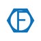 F logo with a blue octagon frame shape