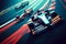 F1 Formula 1 race, with several cars competing at high speed on a modern track. Generative Ai