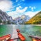 Faantastic scenery of famous alpine lake Braies at autumn