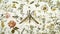 A fabric featuring a detailed illustration of a praying mantis surrounded by a delicate floral pattern.