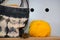 fabric hand bag & knitting yarn ball. handmade handicraft embroidery accessory