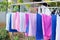 Fabric of laundry line with clothes line in home. colorful towel