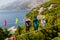 Fabric masks, cloth masks hanging on the clothesline on the sea background