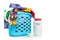 Fabric powder laundry detergent with scooper with basket full of apparels