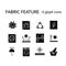 Fabric quality glyph icons set. Recyclable fiber. Breathable wear. Textile industry