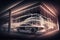 fabulous automobile showroom with double exposure of lights and objects