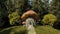 Fabulous beautiful mushroom house in field. Small house of gnome in form of mushroom on background of forest. 3d render