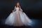 Fabulous bride in a beautiful dress among the stars. Young beautiful woman in wedding dress with wide light skirt.